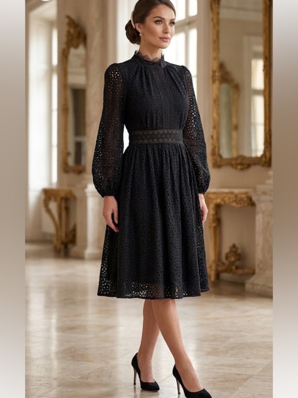 Giambattista Valli Black Lace Long-Sleeve Midi Dress SZ LG